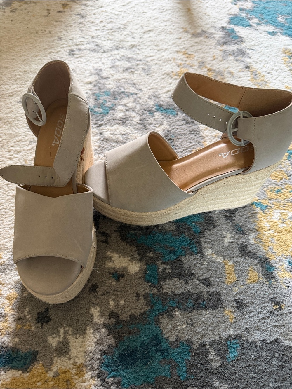 Soda Beige Espadrille Platform Wedge Sandals with Ankle Buckle